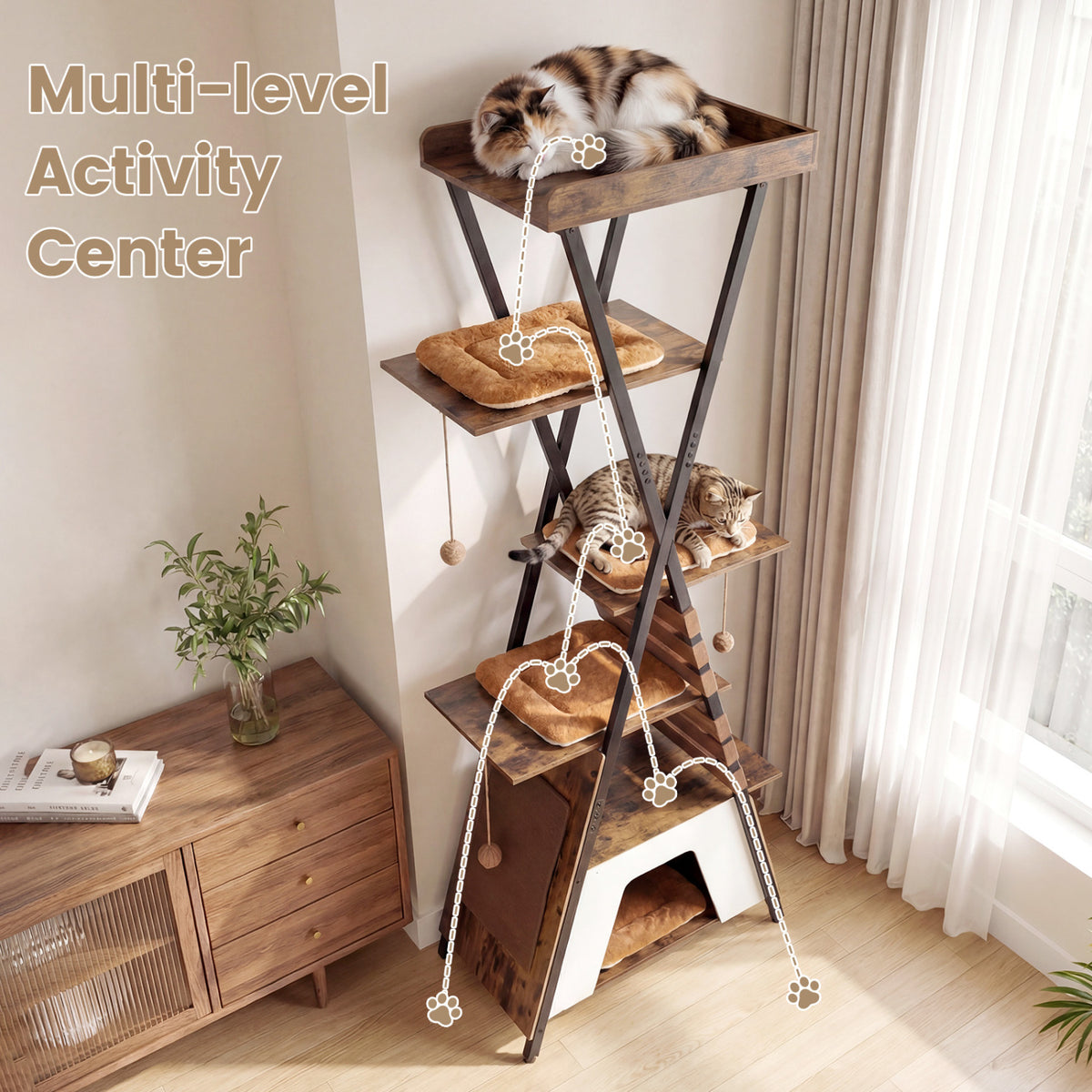 73 Inch Multi-level Cat Tree for Indoor Cats with Elevated Perch and Large Condo-Rustic Brown