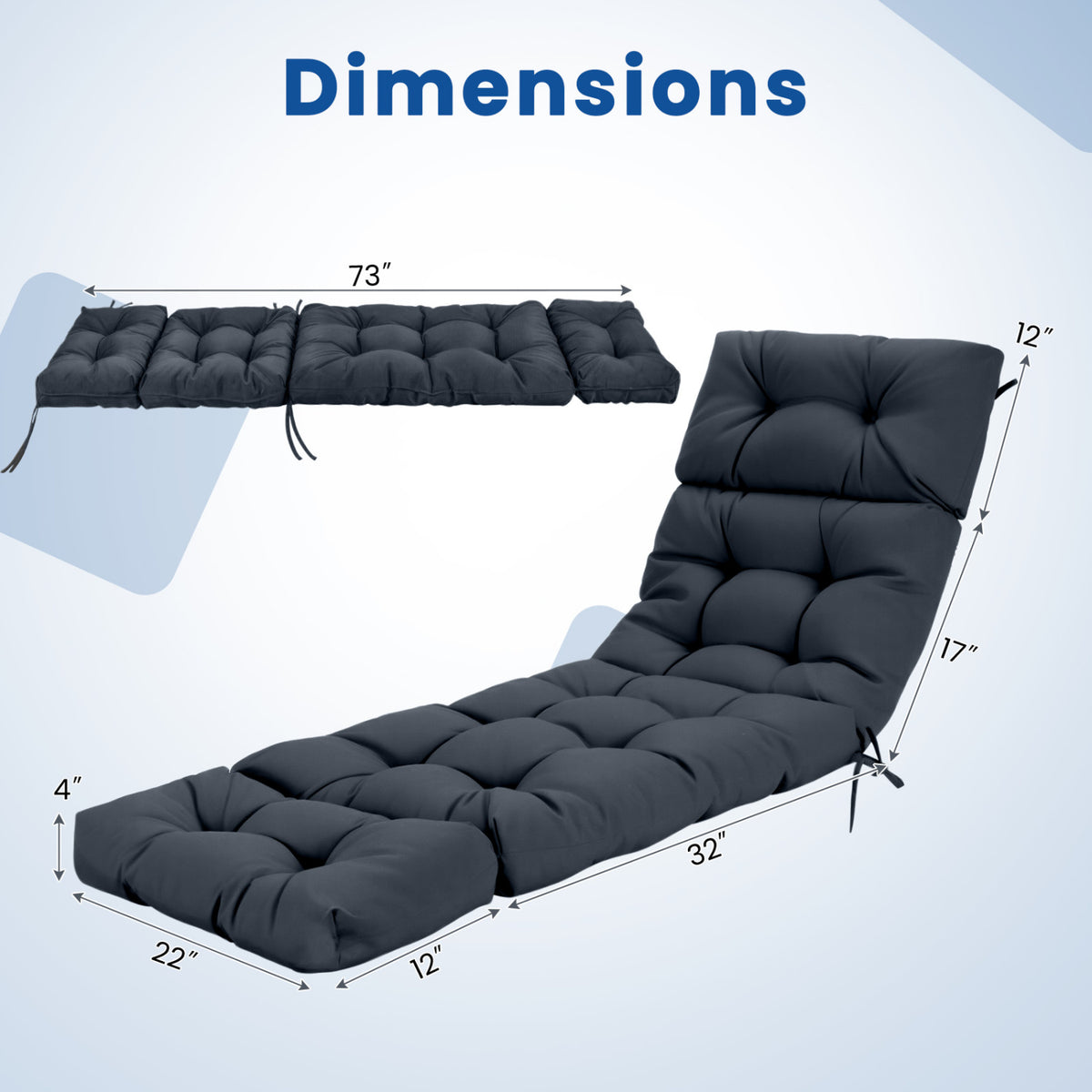 73"x22" Outdoor Lounge Chaise Cushion with High Back String Ties Set of 2-Gray