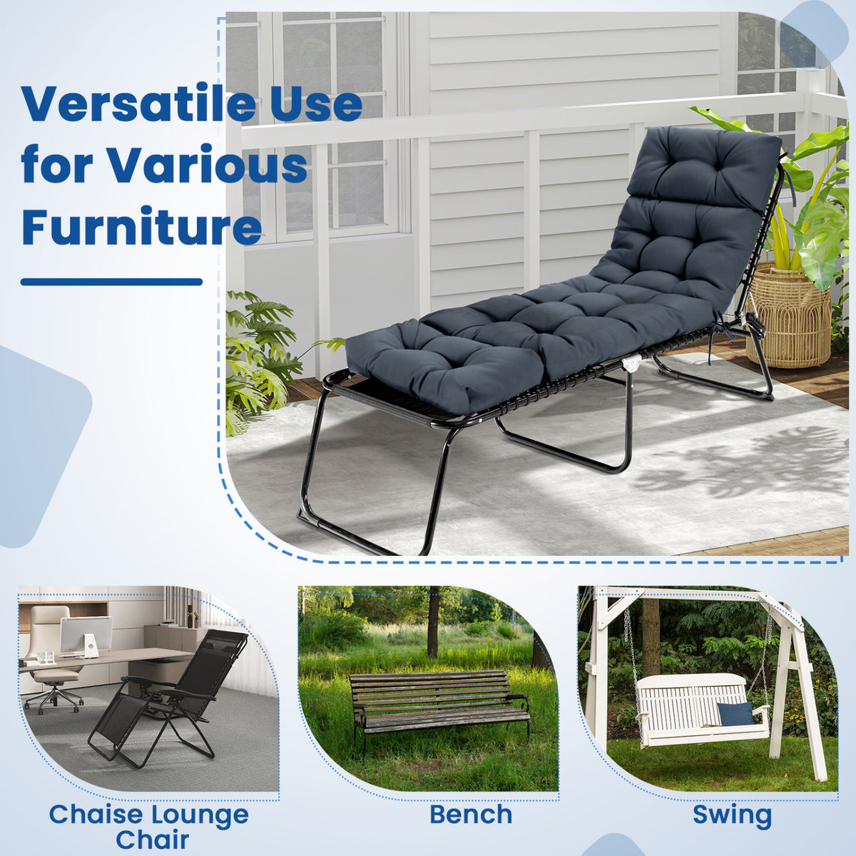 73"x22" Outdoor Lounge Chaise Cushion with High Back String Ties Set of 2-Gray