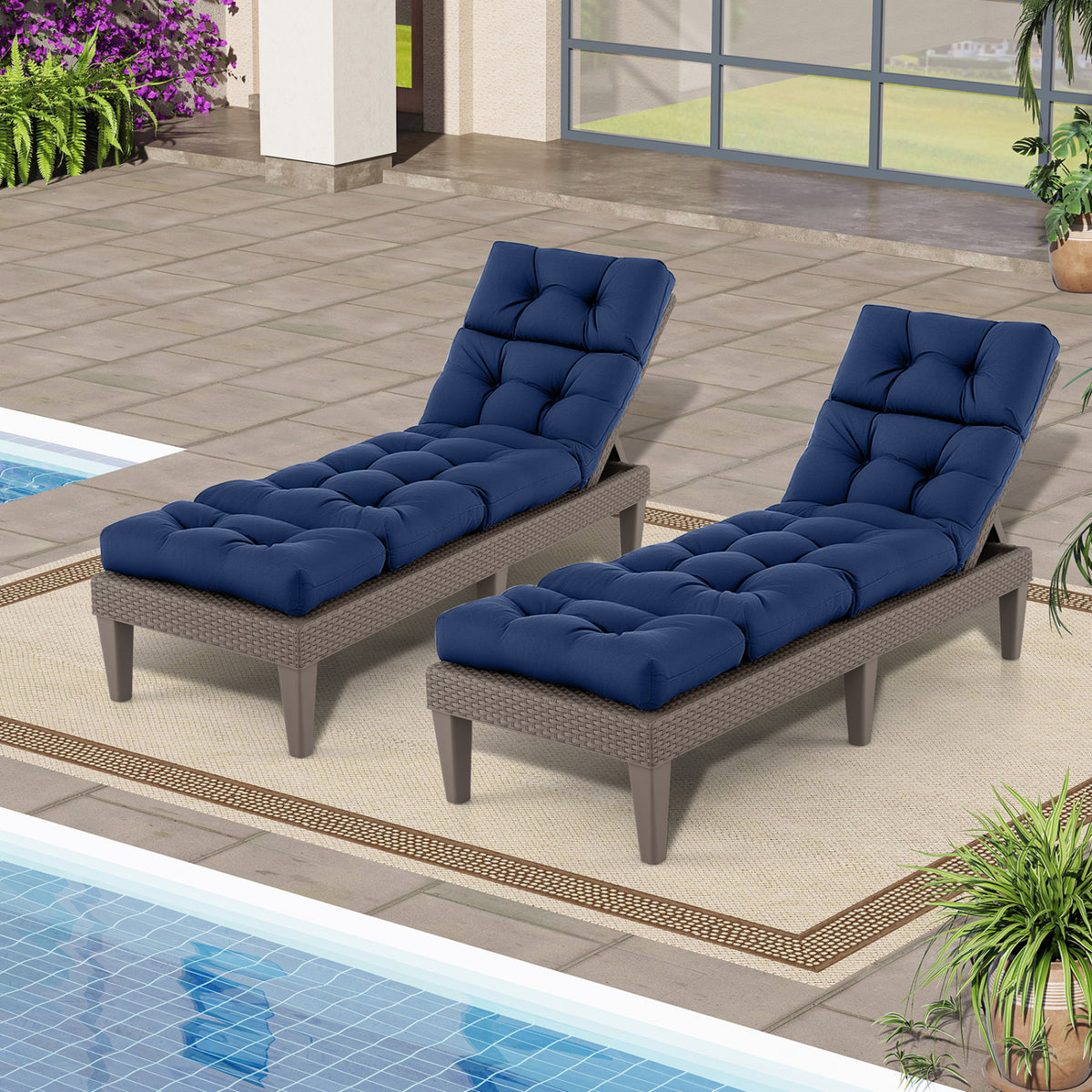 73"x22" Outdoor Lounge Chaise Cushion with High Back String Ties Set of 2-Navy