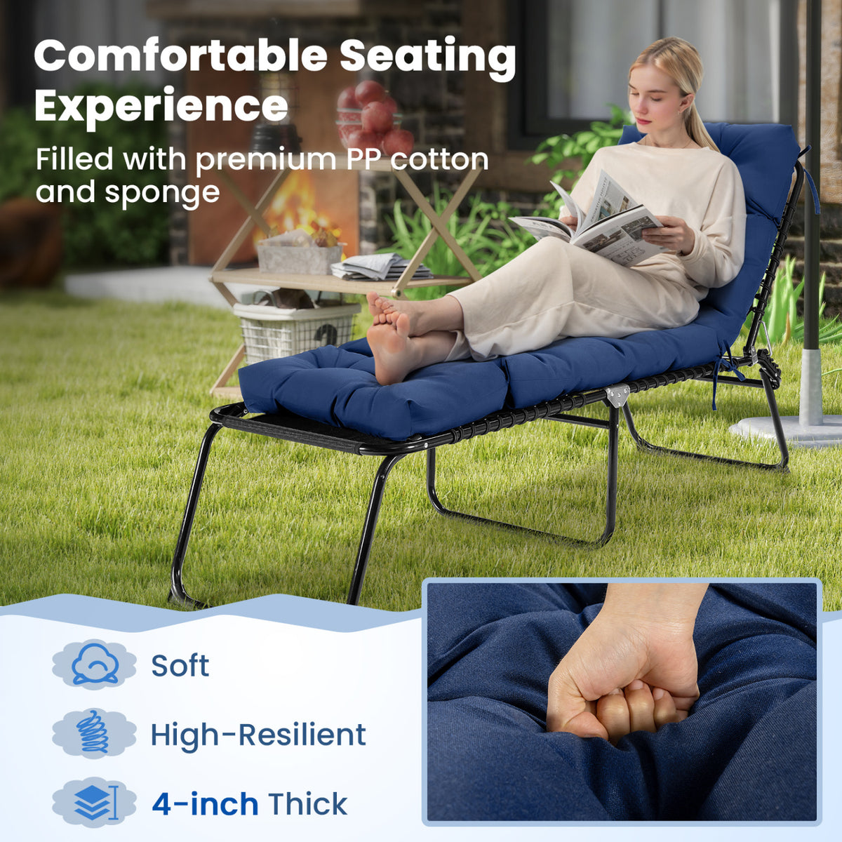 73"x22" Outdoor Lounge Chaise Cushion with High Back String Ties Set of 2-Navy