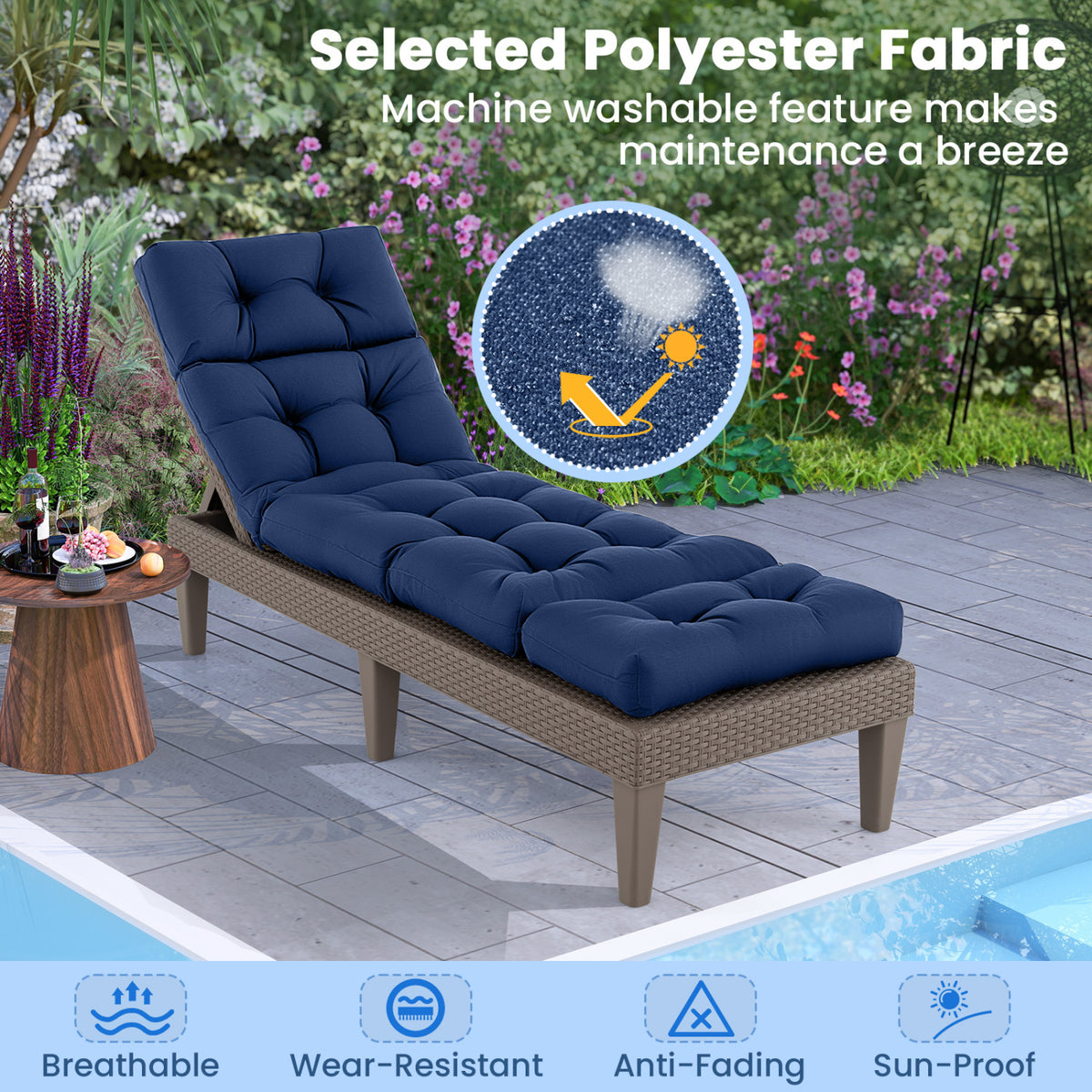 73"x22" Outdoor Lounge Chaise Cushion with High Back String Ties Set of 2-Navy
