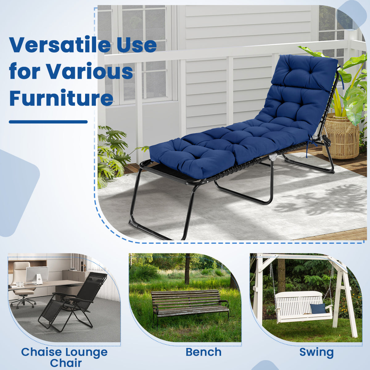 73"x22" Outdoor Lounge Chaise Cushion with High Back String Ties Set of 2-Navy