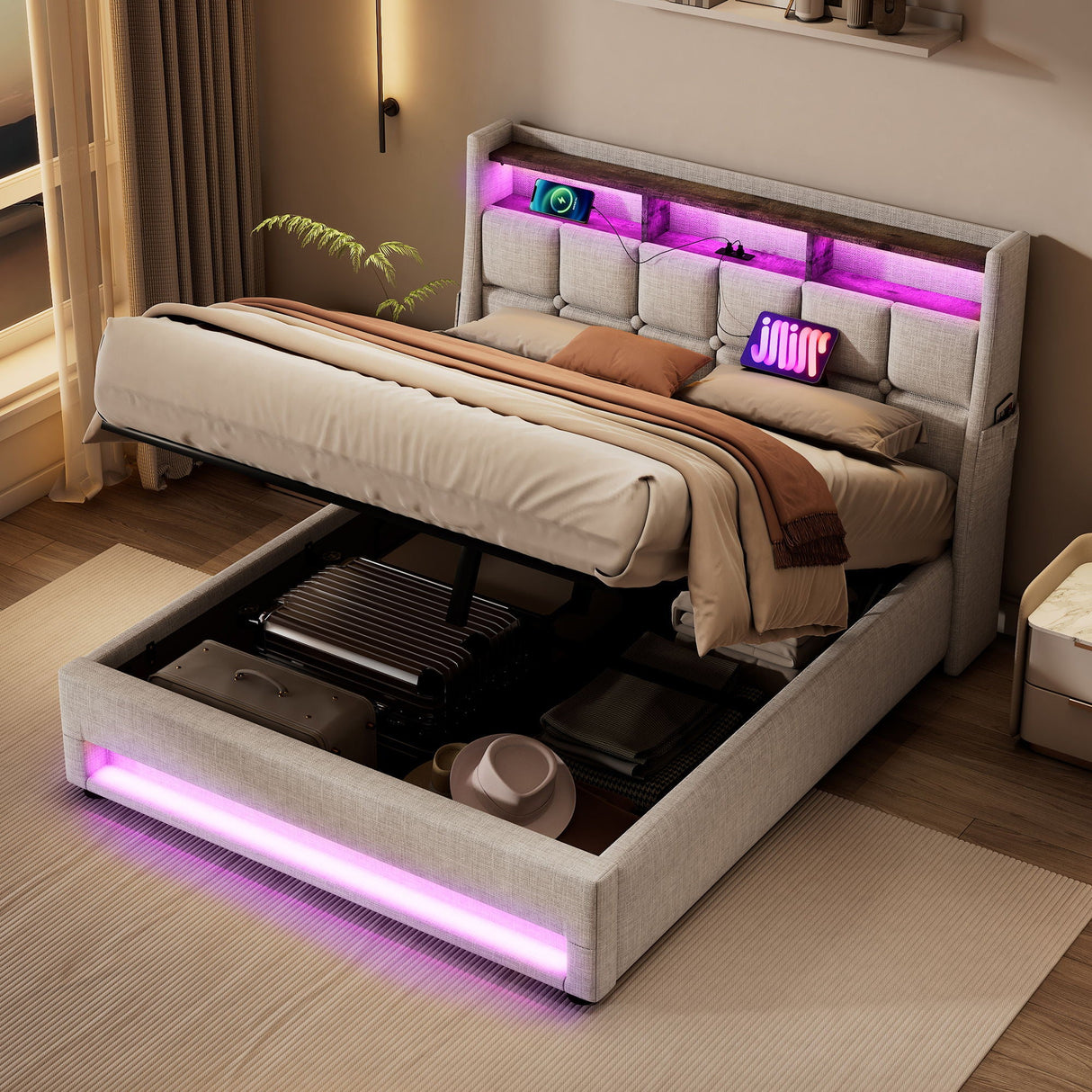 Upholstered Platform Bed With A Hydraulic Storage System, LED And USB Charging (Without Mattress) by Couch.com