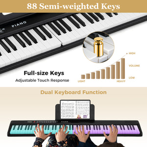 88 Key Foldable Piano Keyboard Portable Semi Weighted Electric Piano-Black