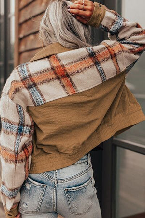 Plaid Corduroy Flap Pockets Button Up Jacket Trendy Outerwear With Classic Flap Pockets For Casual Comfort