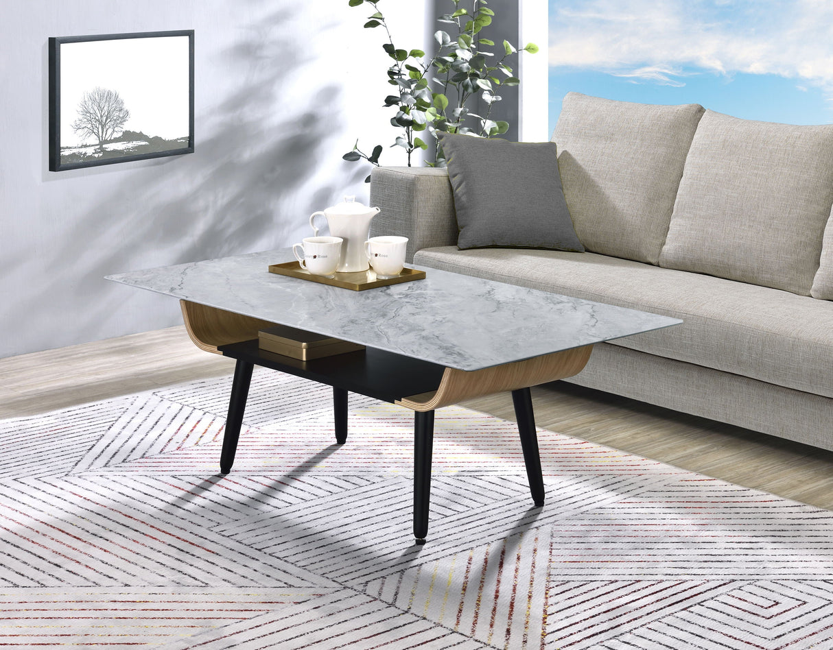 Landon - Coffee Table With Glass Marble Texture Top And Bent Wood Design by Couch.com