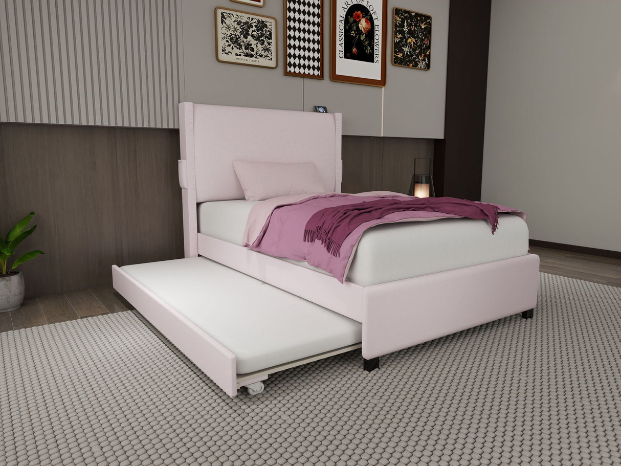 Twin Size Upholstered Bed Frame With Trundle Bed, Teddy Fabric, USB Functionality, And A Pocket Design On The Side Of The Headboard For Storing Small Items - Baby Pink by Couch.com
