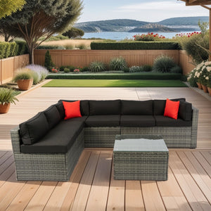 5 Pieces Rattan Sectional Outdoor Furniture Cushioned U Sof Set With 2 Pillow - Gray / Black by Couch.com