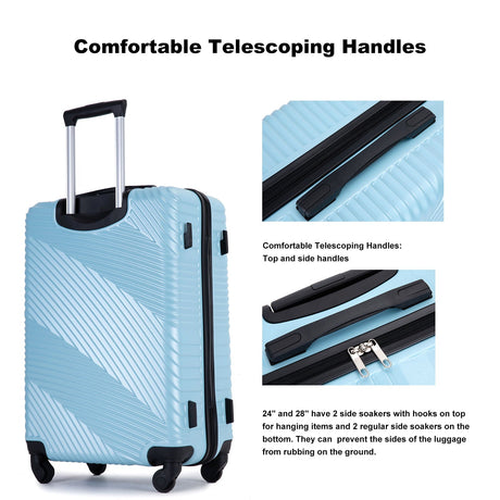 A light blue suitcase from the 3 Piece Luggage Set features a ridged texture, telescoping handles, black accents, spinner wheels, and side soakers with two hooks to keep sides off the ground for added comfort.