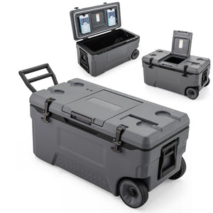74 Quart Portable Rolling Cooler with Fish Ruler for Outdoor-Gray