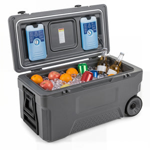74 Quart Portable Rolling Cooler with Fish Ruler for Outdoor-Gray