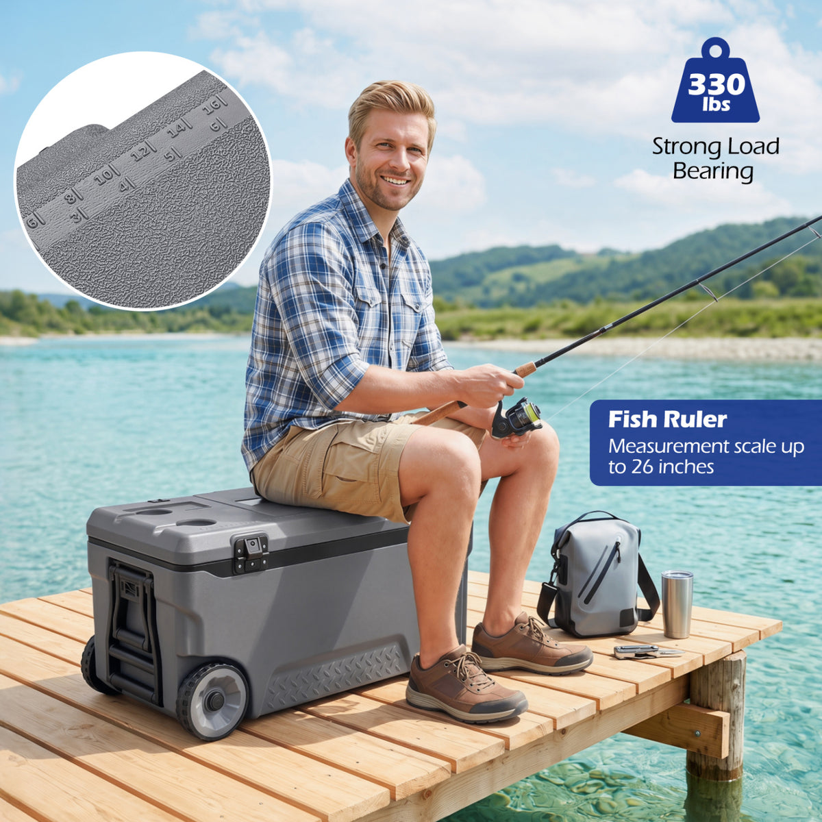 74 Quart Portable Rolling Cooler with Fish Ruler for Outdoor-Gray