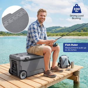 74 Quart Portable Rolling Cooler with Fish Ruler for Outdoor-Gray