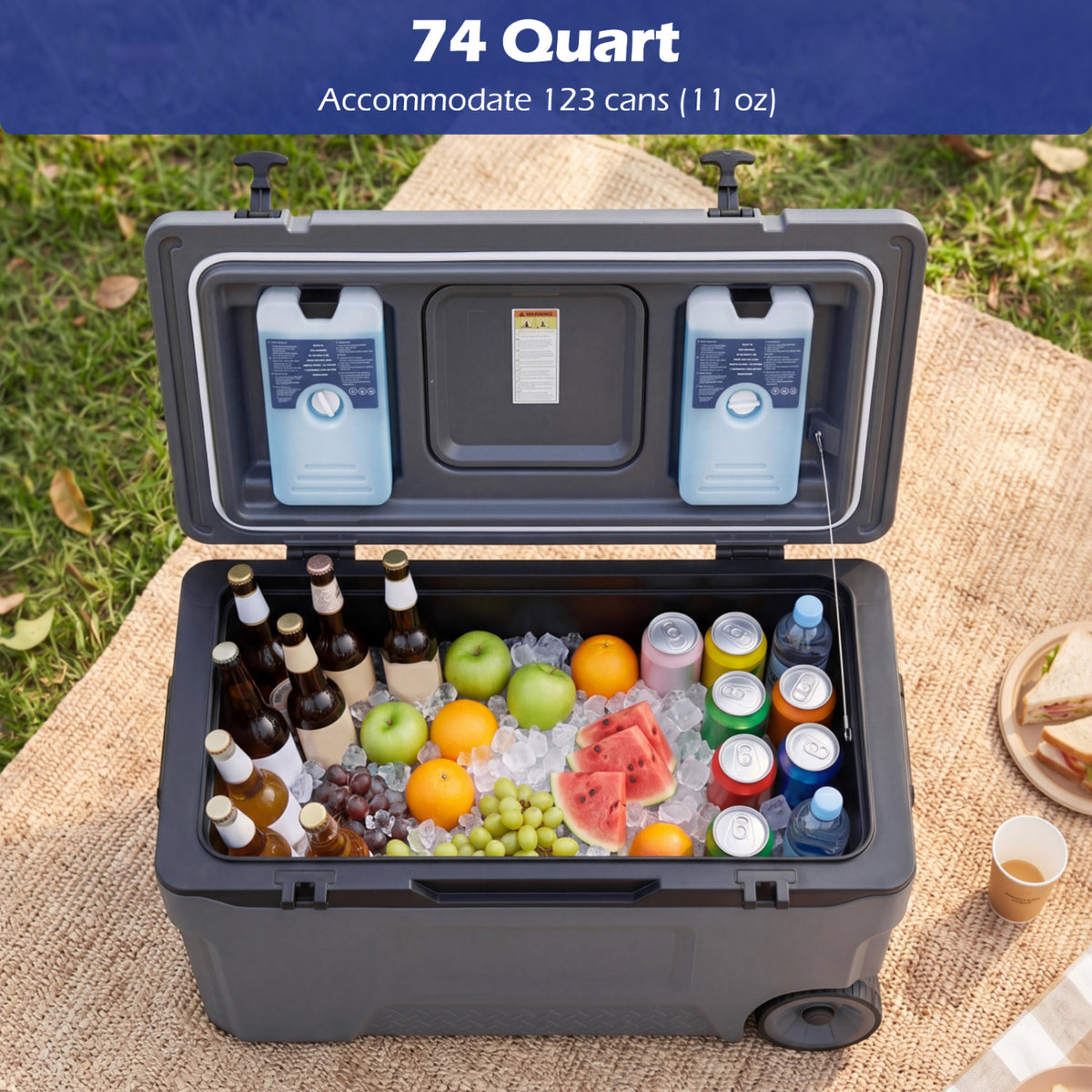 74 Quart Portable Rolling Cooler with Fish Ruler for Outdoor-Gray