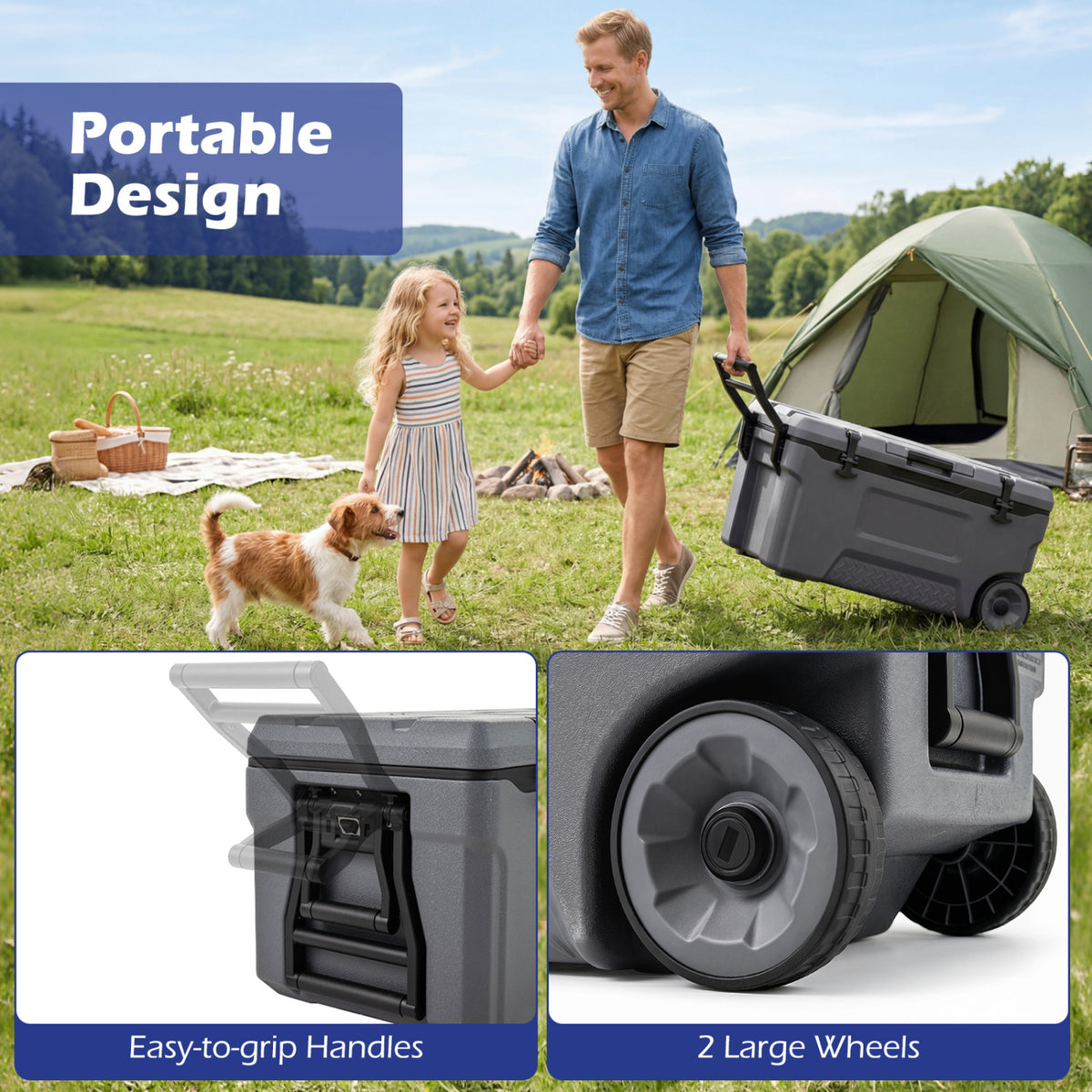 74 Quart Portable Rolling Cooler with Fish Ruler for Outdoor-Gray