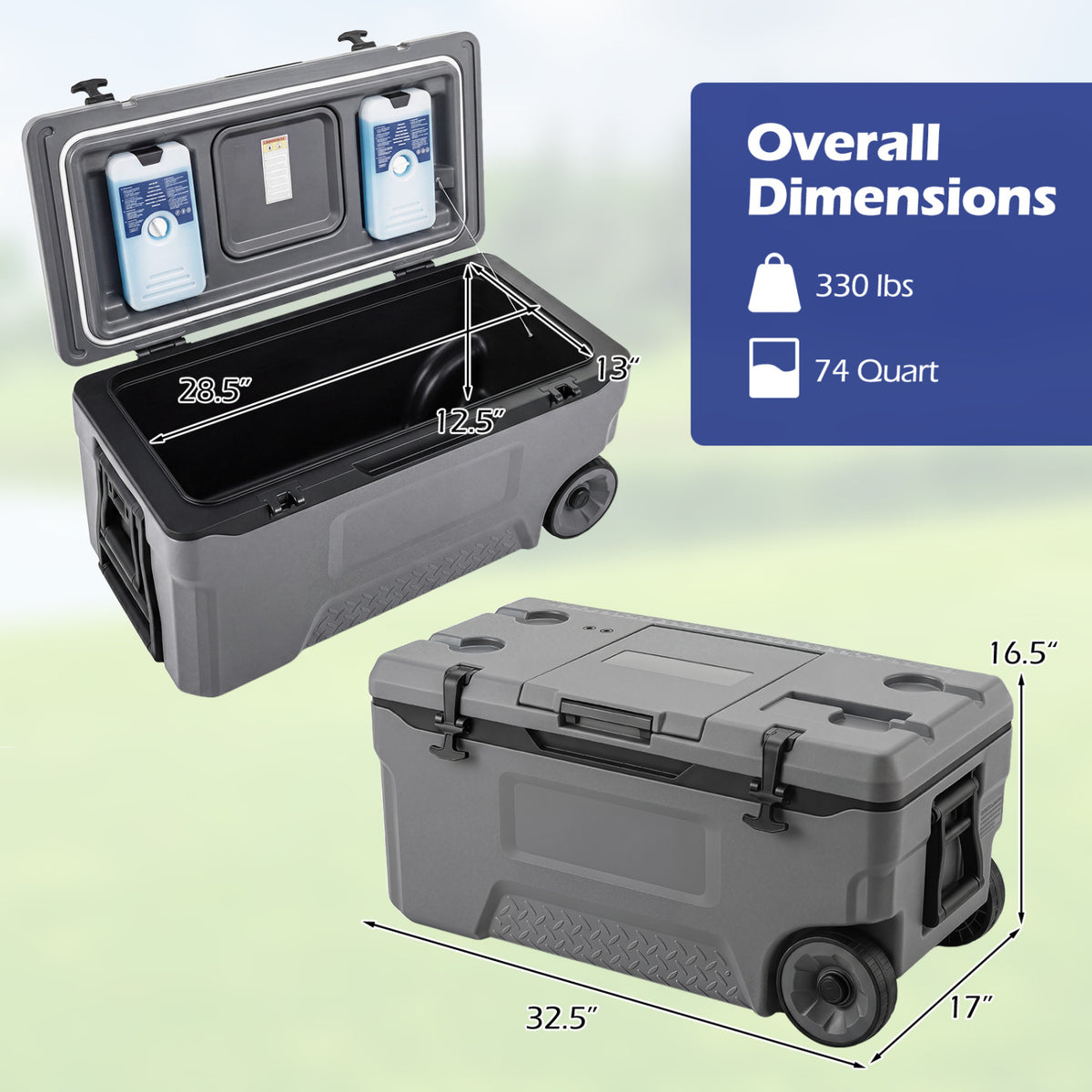 74 Quart Portable Rolling Cooler with Fish Ruler for Outdoor-Gray