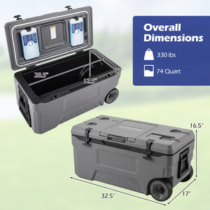 74 Quart Portable Rolling Cooler with Fish Ruler for Outdoor-Gray