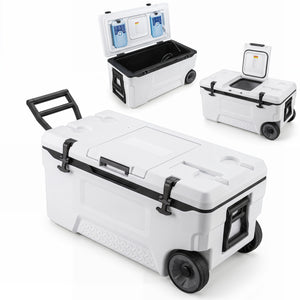 74 Quart Portable Rolling Cooler with Fish Ruler for Outdoor-White