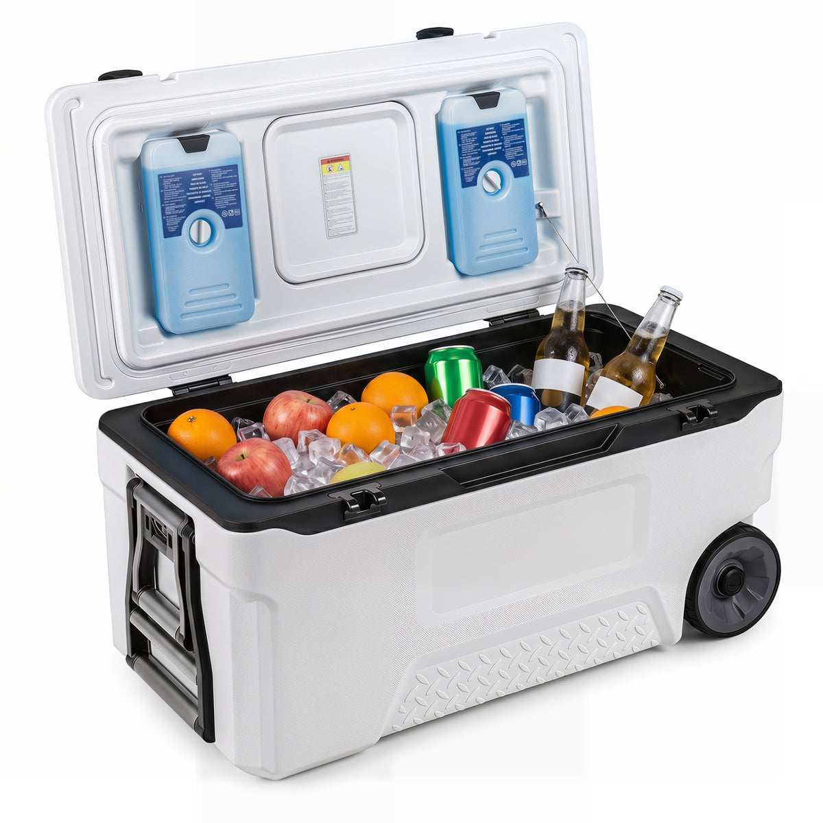74 Quart Portable Rolling Cooler with Fish Ruler for Outdoor-White