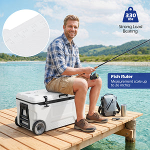 74 Quart Portable Rolling Cooler with Fish Ruler for Outdoor-White