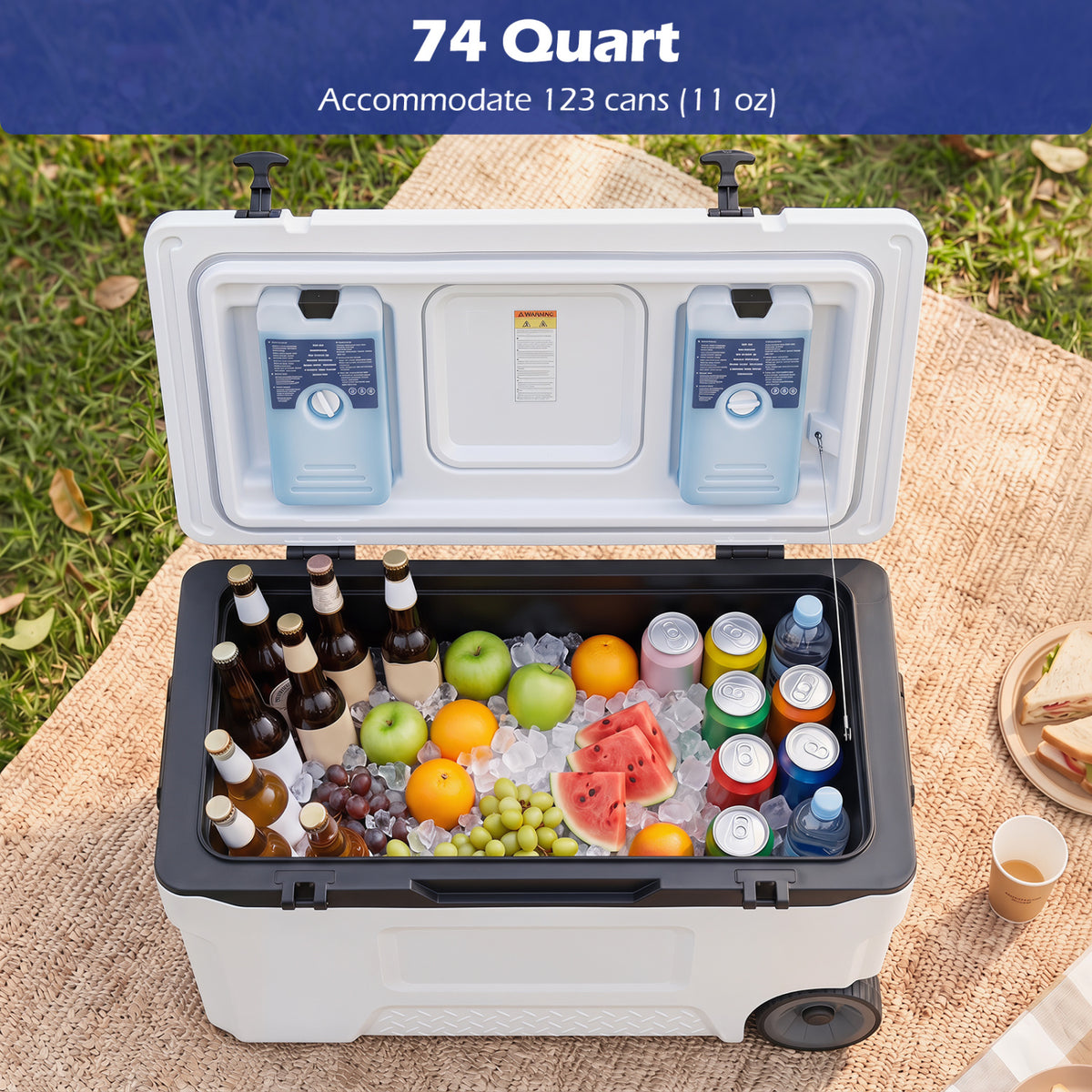 74 Quart Portable Rolling Cooler with Fish Ruler for Outdoor-White
