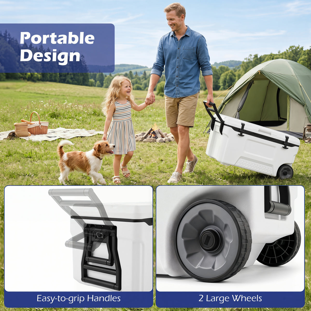74 Quart Portable Rolling Cooler with Fish Ruler for Outdoor-White