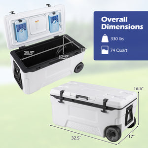 74 Quart Portable Rolling Cooler with Fish Ruler for Outdoor-White