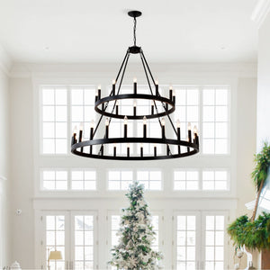 2 Tiers Wagon Wheel Chandelier Wooden Farmhouse 36 Light (24 / 12) Or (12 / 24) Metal Chandeliers 2 Story Light Fixtures Industrial For High Ceiling Living Dining Room Foyer, Adjustable Height - Black by Couch.com