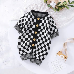 Ins New Chessboard Baby One-piece Garment Thousand Bird Pattern Knitting
