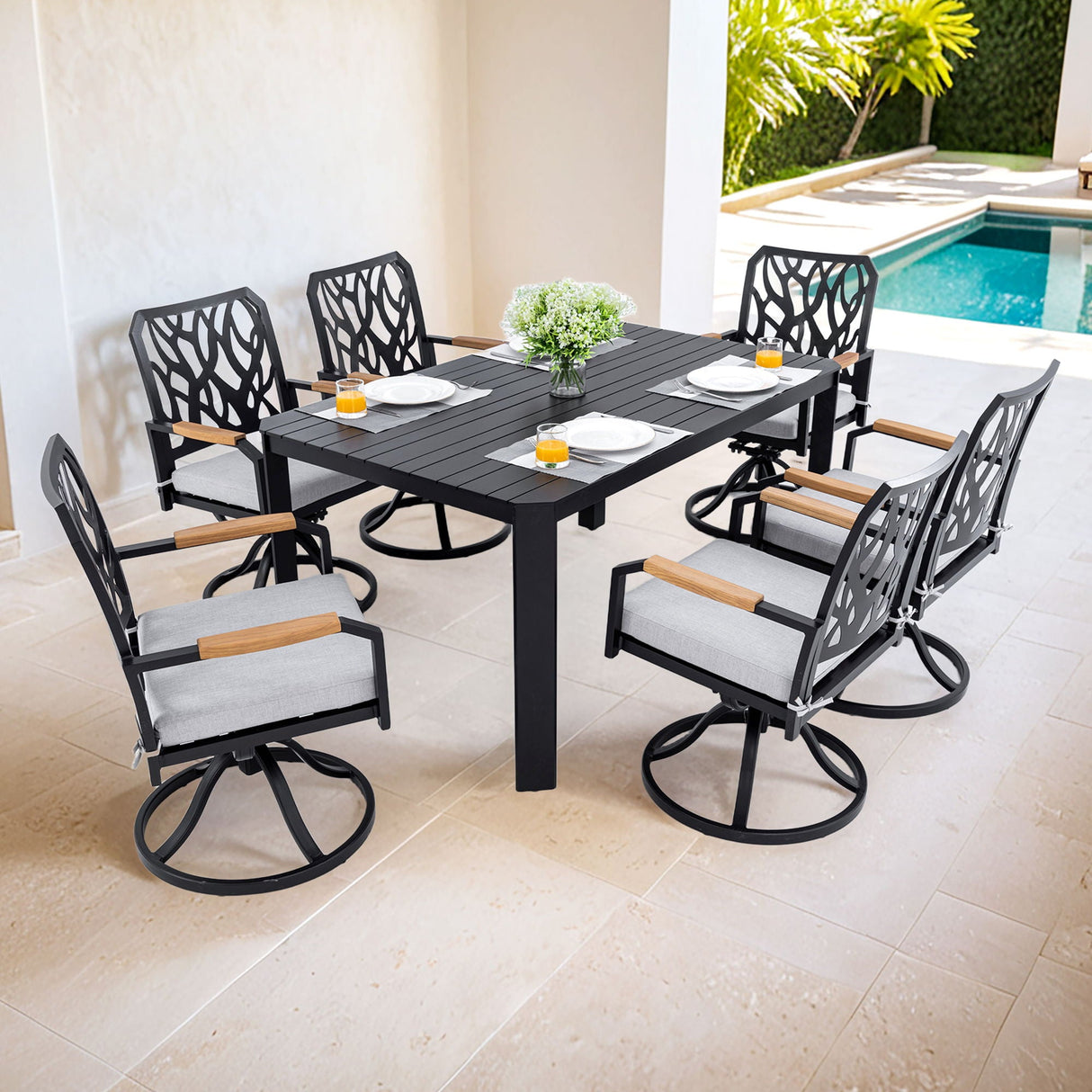 Outdoor Patio Furniture Dining Set With Sunbrella Fabric, Rectangular Table With Umbrella Hole by Couch.com