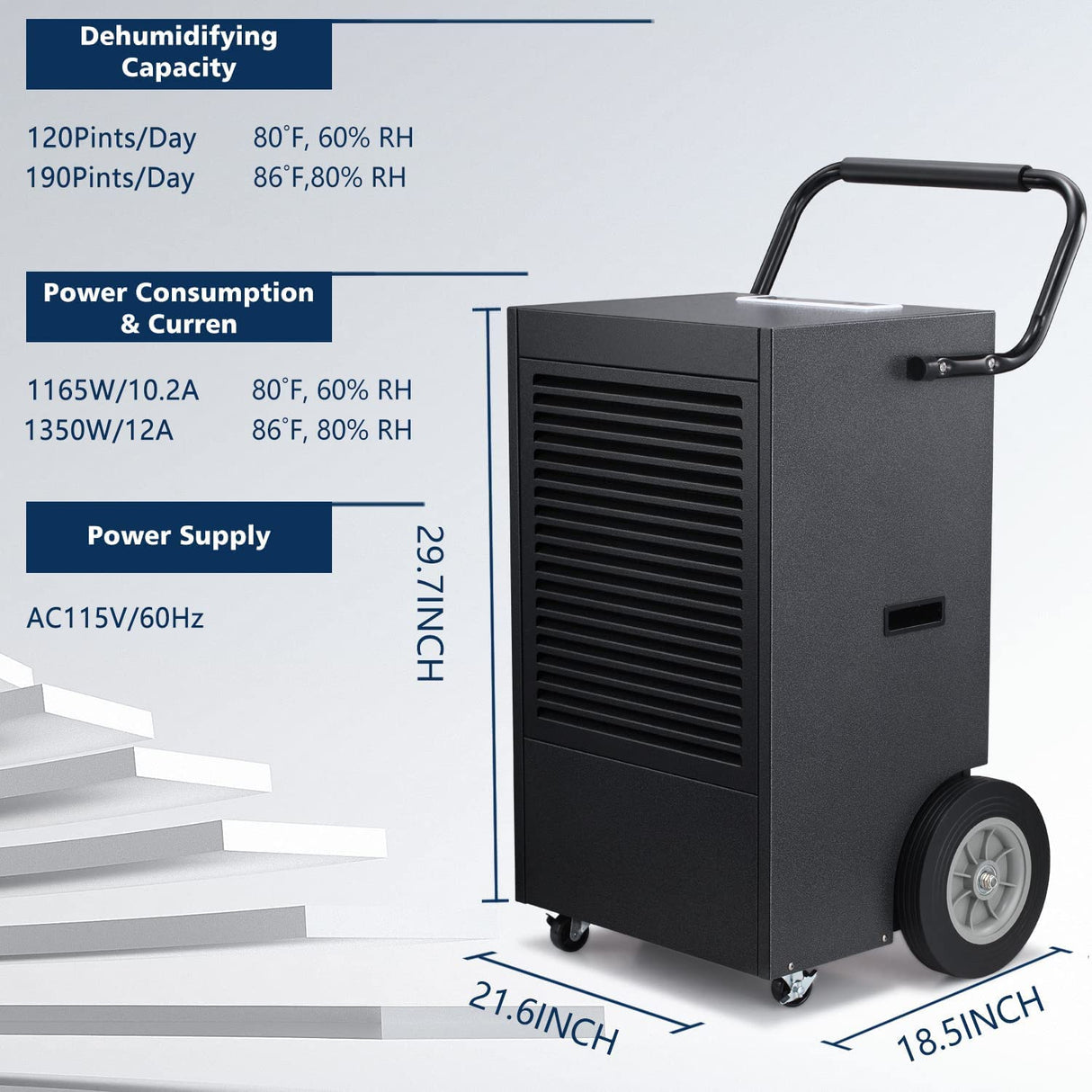 7500 Sq.ft Commercial Dehumidifier, 190 Pint Large Industrial Dehumidifier