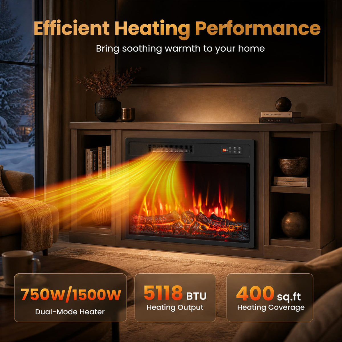 750/1500W Electric Fireplace Insert with Low Noise and Remote Control-23"
