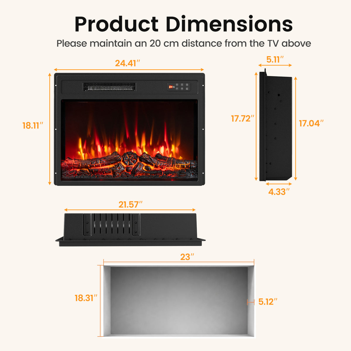 750/1500W Electric Fireplace Insert with Low Noise and Remote Control-23"
