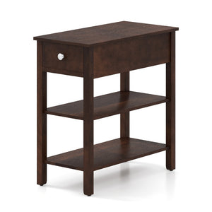 3-Tier Narrow End Table with Drawer and Storage Shelves-Walnut