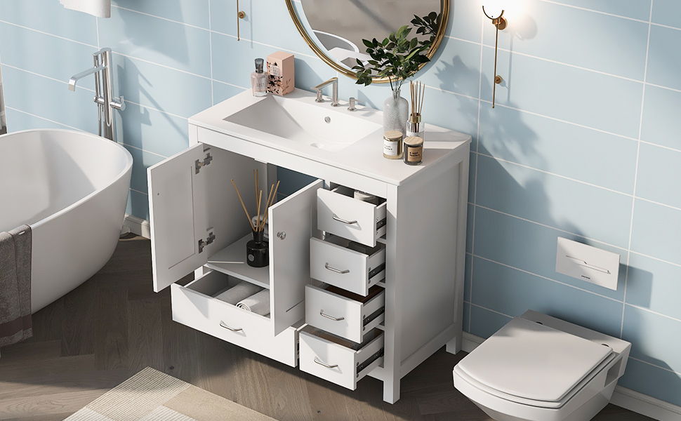 Bathroom Vanity With Ceramic Sink Combo, Abundant Storage Cabinet -2 Soft-Close Doors And 5 Drawers by Couch.com