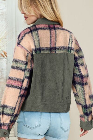 Plaid Corduroy Flap Pockets Button Up Jacket Trendy Outerwear With Classic Flap Pockets For Casual Comfort