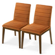 The Ines Modern Dining Chair set includes two chairs featuring light brown, suede-like upholstery with horizontal stitching and wooden legs, offering a simple and elegant mid-century modern design perfect for dining rooms.