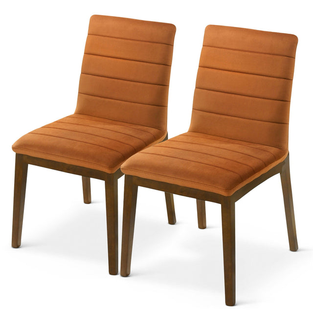 The Ines Modern Dining Chair set includes two chairs featuring light brown, suede-like upholstery with horizontal stitching and wooden legs, offering a simple and elegant mid-century modern design perfect for dining rooms.