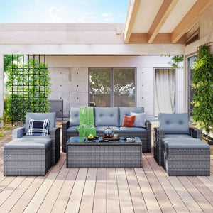 All-Weather Wicker PE Rattan Patio Outdoor Dining Conversation Sectional Set With Coffee Table, Wicker Sofas, Ottomans, Removable Cushions by Couch.com
