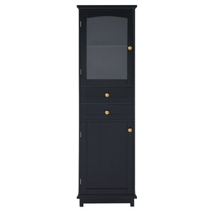 Tall Bathroom Storage Cabinet With Glass Doors, Free-Standing, Two Drawers, And Adjustable Shelves, Board, Painted Perfect For Displaying Your Favorite Items