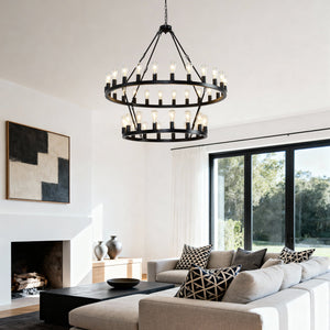 47.24 Inch Matte Black Wagon Wheel Chandelier with 36 Lights