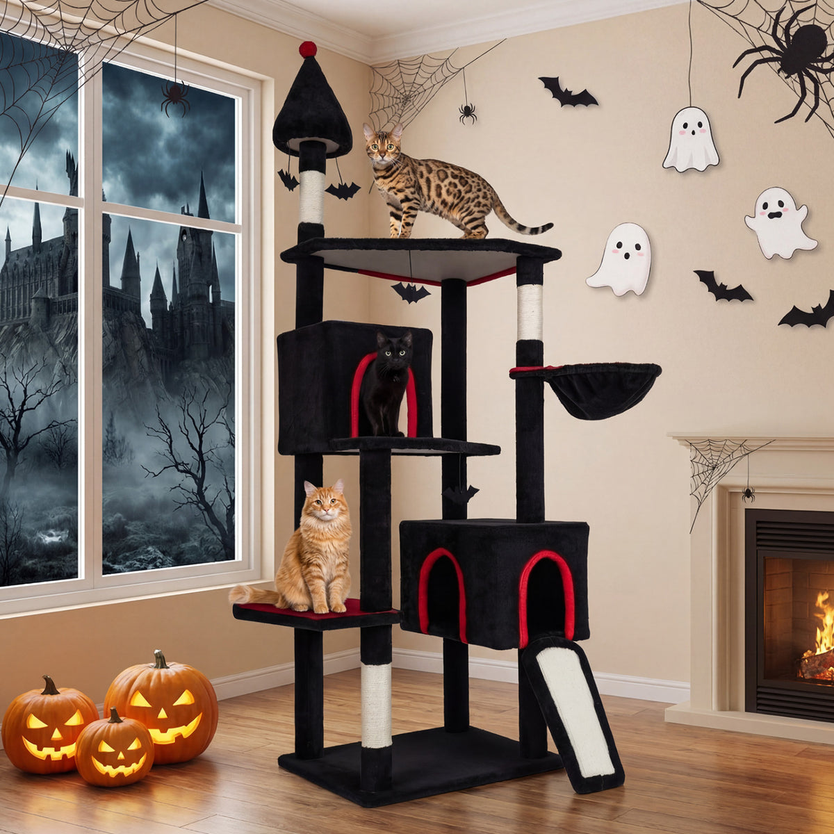 75 Inch Gothic Cat Tree with 2 Condos and Top Perch for Large Cats 20+ LBS-Black