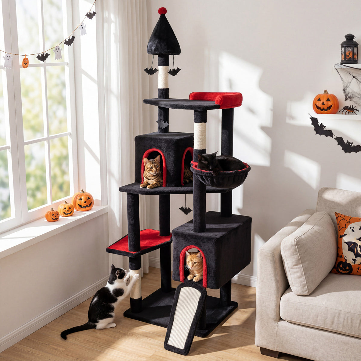 75 Inch Gothic Cat Tree with 2 Condos and Top Perch for Large Cats 20+ LBS-Black