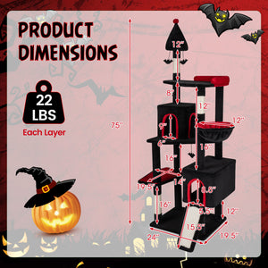 75 Inch Gothic Cat Tree with 2 Condos and Top Perch for Large Cats 20+ LBS-Black