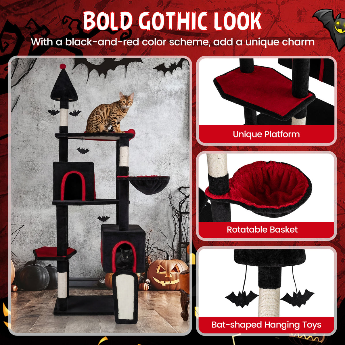 75 Inch Gothic Cat Tree with 2 Condos and Top Perch for Large Cats 20+ LBS-Black