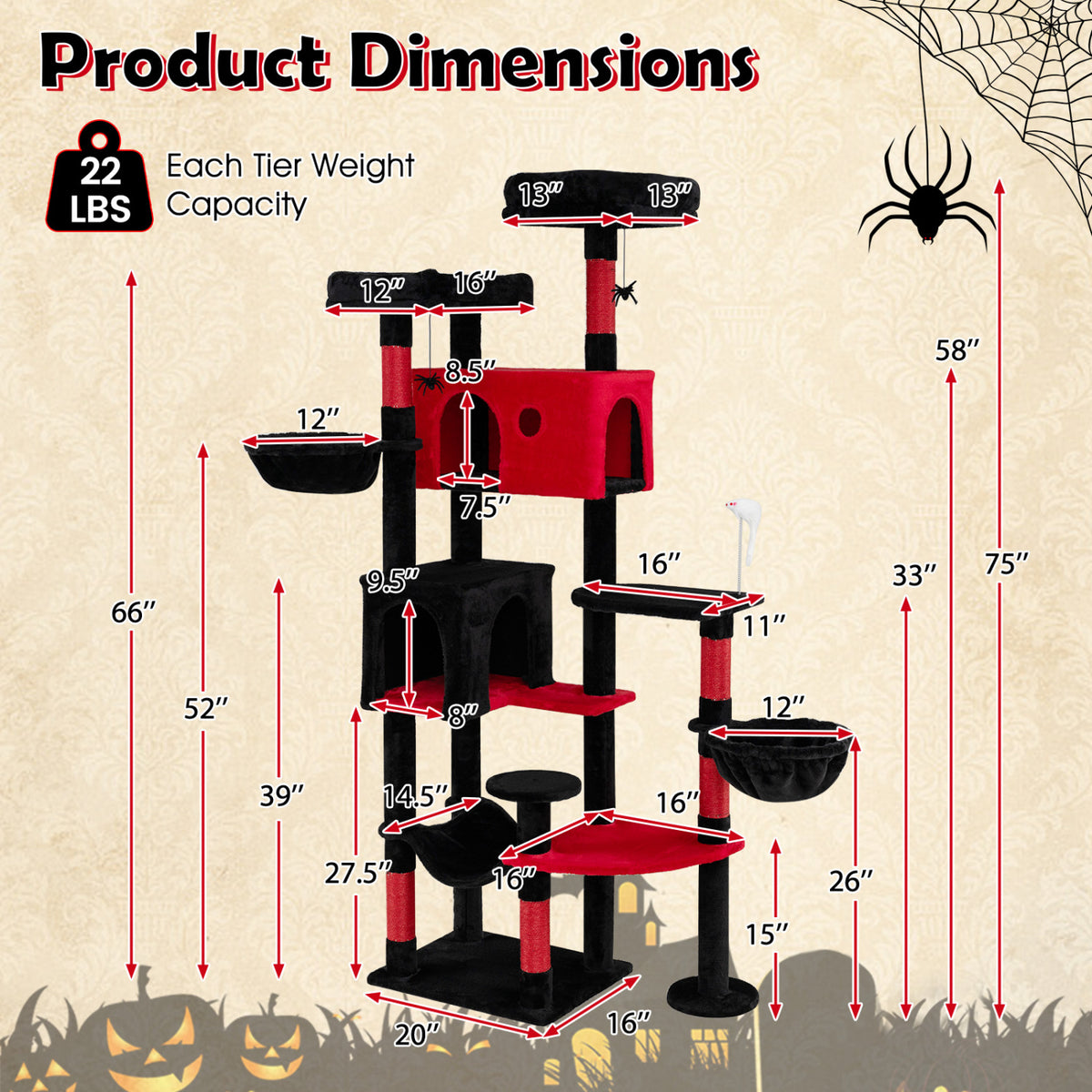 75 Inch Gothic Cat Tree with 2 Plush Perches for Indoor Cats