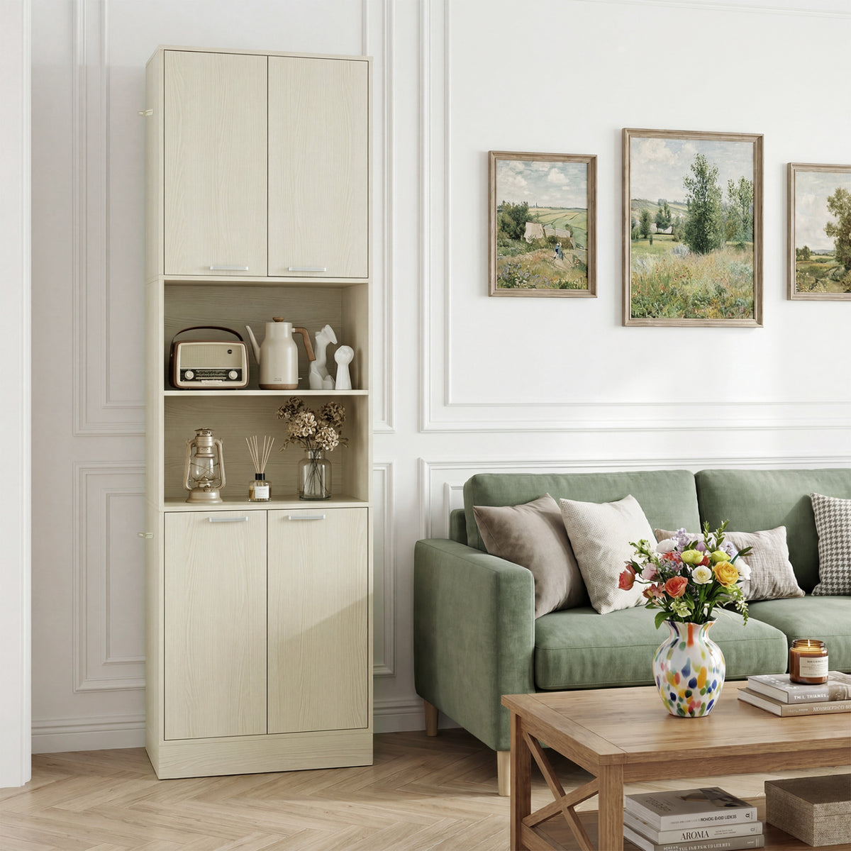 75 Inch Kitchen Pantry Cabinet Tall Cupboard with Doors and Shelves-Beige