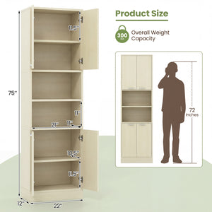 75 Inch Kitchen Pantry Cabinet Tall Cupboard with Doors and Shelves-Beige