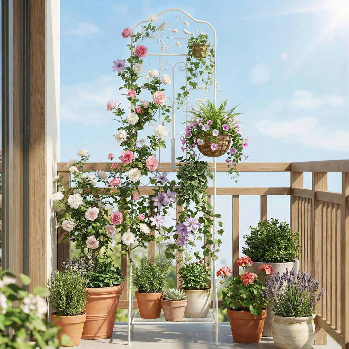 75 x 20 Inch Outdoor Metal Garden Trellis with Foldable Bottom Shelf-White
